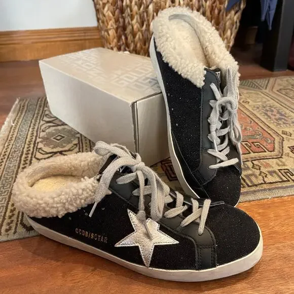 Golden Goose Sabot Shearling Lined Leather Slip On Sneakers Black White Size 10 - Picture 5 of 16